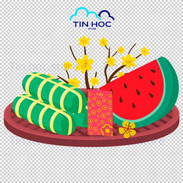 Mẫu Vector mâm ngũ quả và bánh tét bố cục hoàn chỉnh, tượng trưng cho sự đủ đầy, sung túc