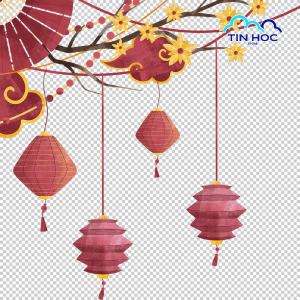 Mẫu background Tết vector có lồng đèn và hoa mai/hoa đào, hoàn hảo cho khung ảnh