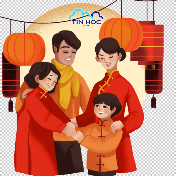 Mẫu vector gia đình đoàn viên xung quanh là lồng đèn tết đỏ