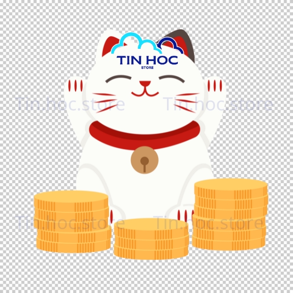 Mẫu mèo thần tài vector cầm quạt và đồng tiền