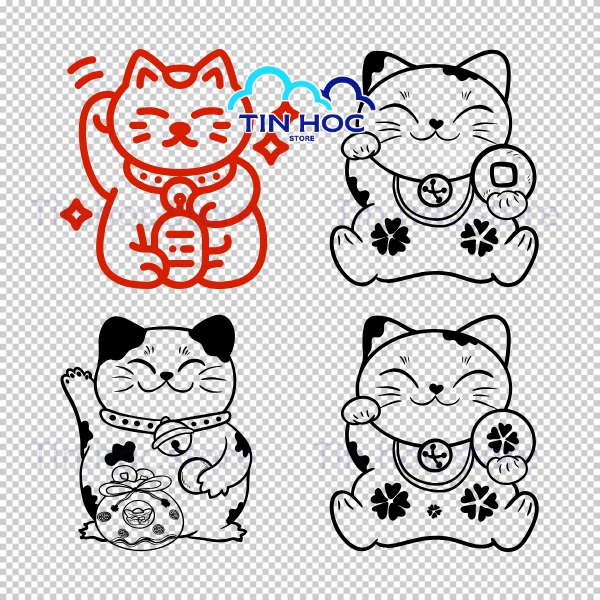 Mẫu mèo thần tài vector cầm đồng xu vàng