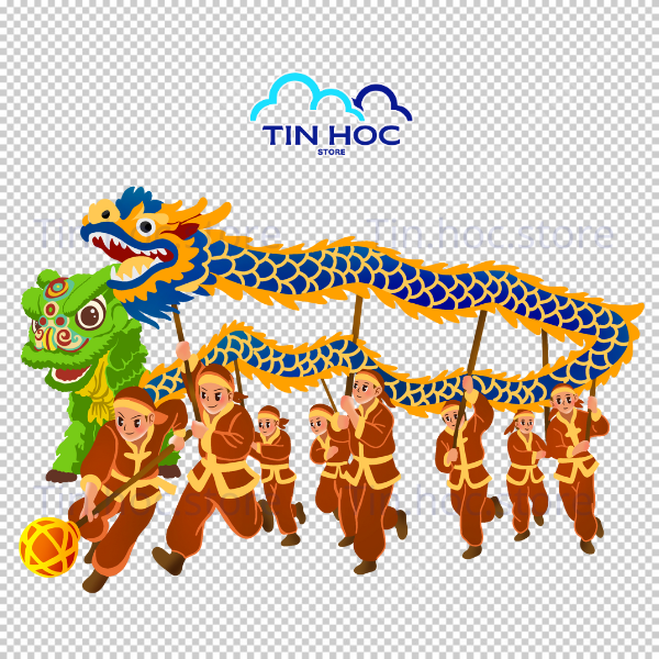 Mẫu vector múa lân trung thu cho bé sử dụng nét vẽ bo tròn cùng gam màu tươi sáng, bắt mắt