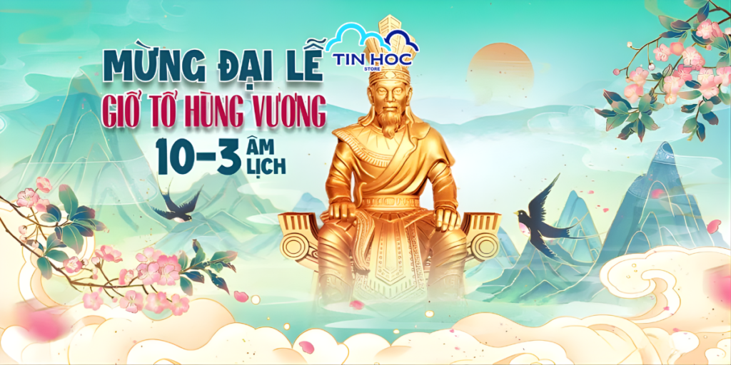 Mẫu banner 10/3 âm lịch đẹp sử dụng tông màu đỏ vàng rực rỡ mang đậm bản sắc văn hóa dân tộc Việt