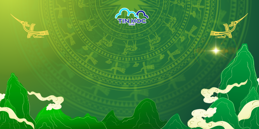 Mẫu background Giỗ Tổ Hùng Vương nổi bật với họa tiết trống đồng Đông Sơn và chim Lạc đầy trang trọng