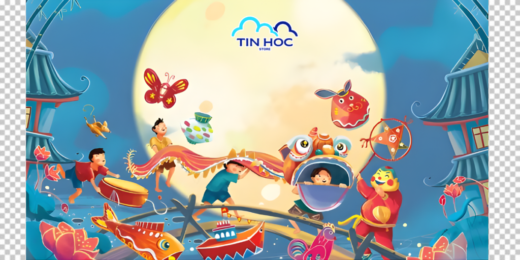 Mẫu phông nền rước đèn rộn ràng, tái hiện khung cảnh đêm rằm tháng Tám vui tươi, nhộn nhịp