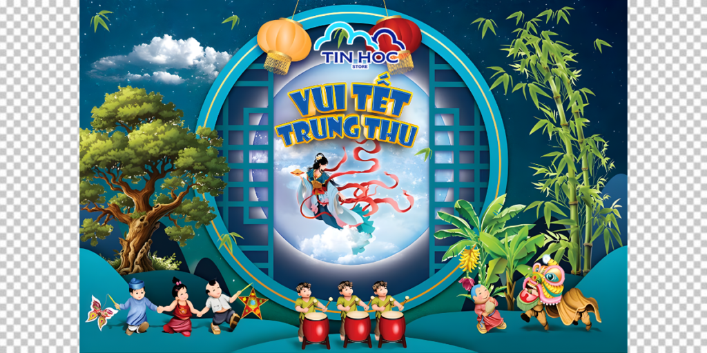 Mẫu phông nền trung thu 3D chị Hằng cưỡi mây huyền ảo, tạo chiều sâu ấn tượng cho không gian tiệc