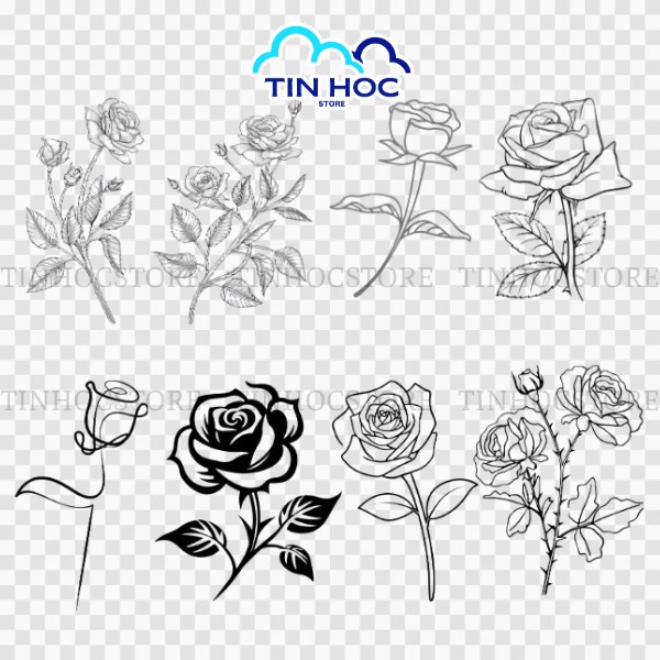 Cành hoa hồng vector thiết kế trắng đen tách nền